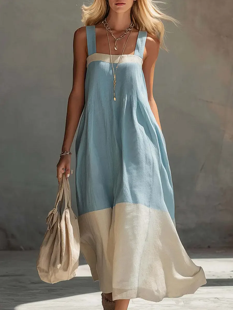 Women Color Block Sleeveless Maxi Dress Spaghetti Strap Loose Flowy Tiered Casual Sundress for Beach Vacation and Resort Wear