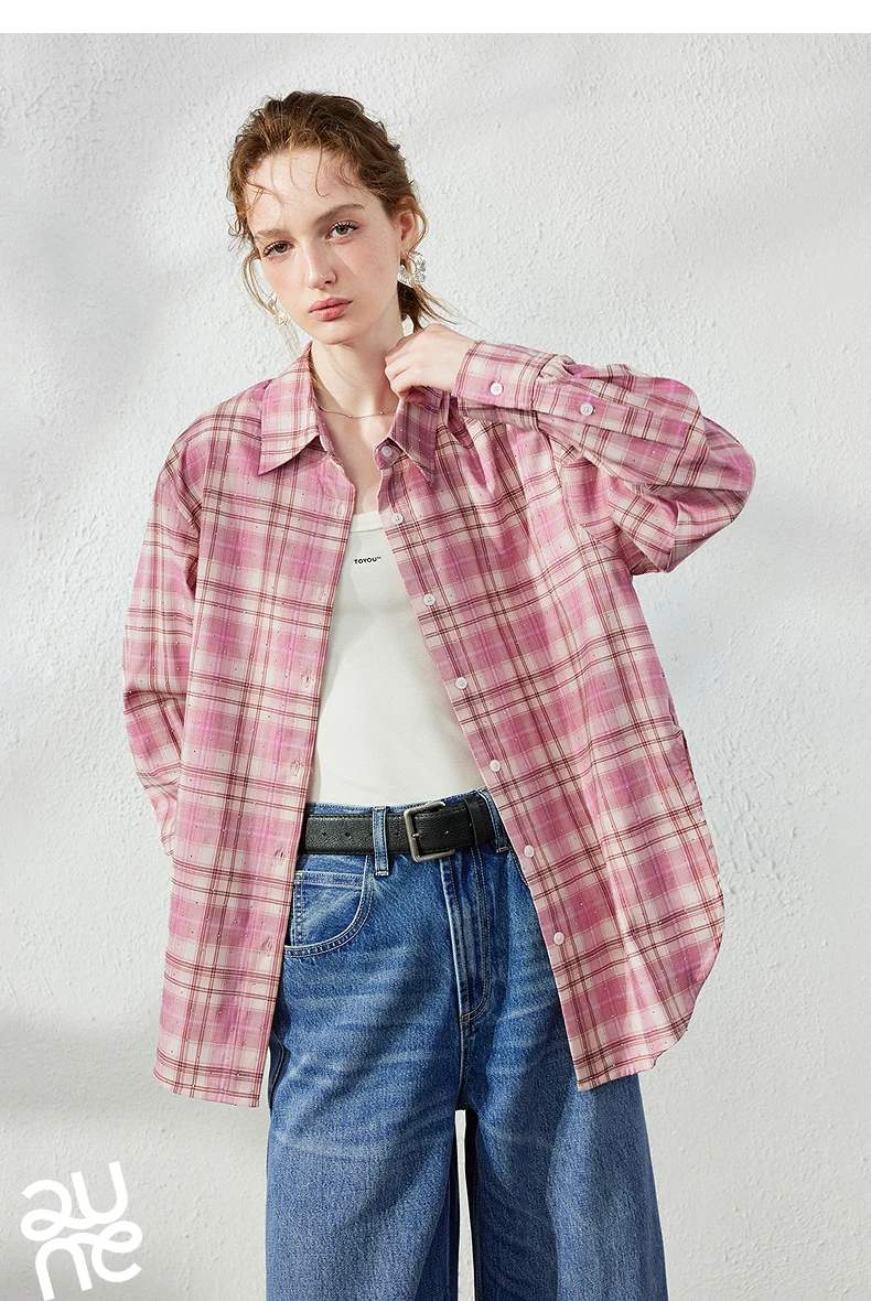 TOYOUTH Women's Pink Plaid Blouse Fall 2026 Loose Mid Length Rhinestone Lapel Collar Long Sleeve Slimming Top