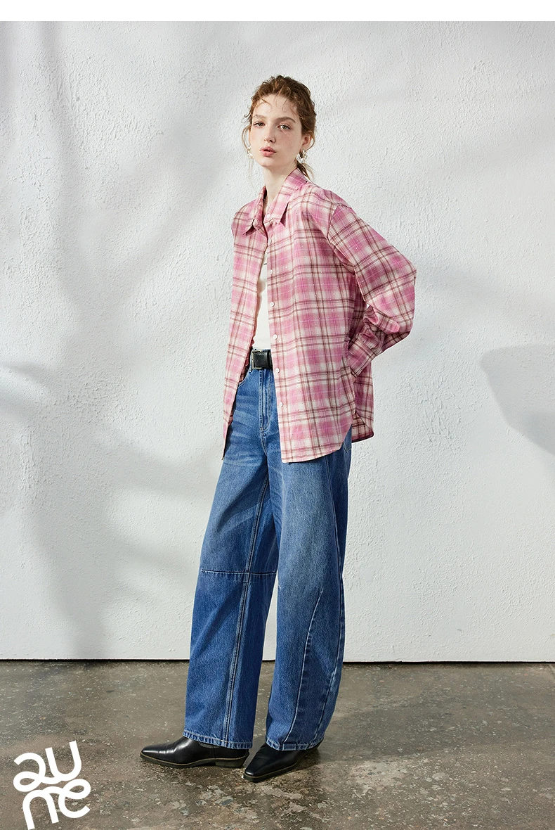 TOYOUTH Women's Pink Plaid Blouse Fall 2026 Loose Mid Length Rhinestone Lapel Collar Long Sleeve Slimming Top