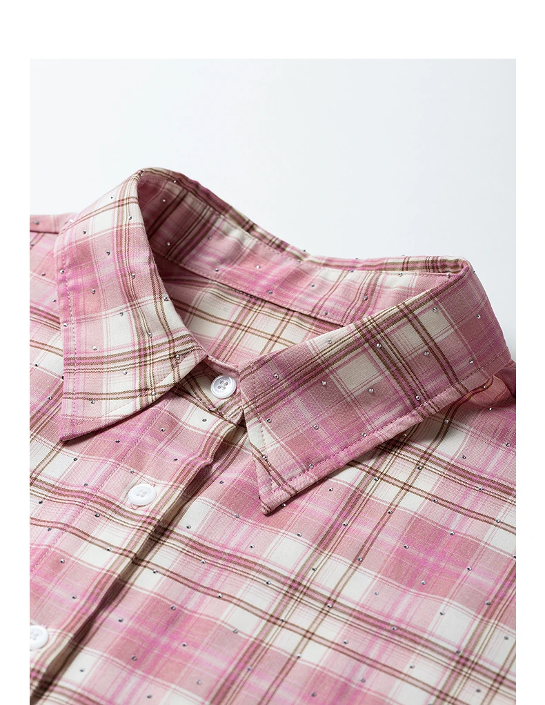 TOYOUTH Women's Pink Plaid Blouse Fall 2026 Loose Mid Length Rhinestone Lapel Collar Long Sleeve Slimming Top