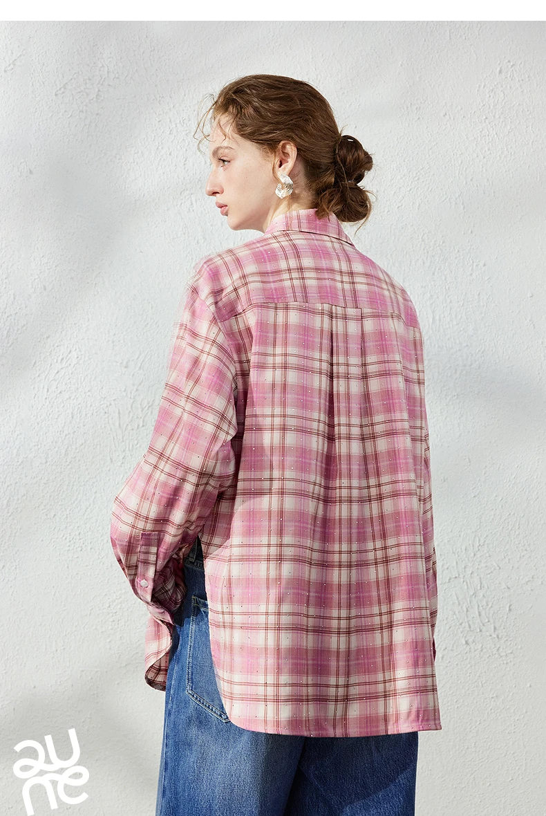 TOYOUTH Women's Pink Plaid Blouse Fall 2026 Loose Mid Length Rhinestone Lapel Collar Long Sleeve Slimming Top