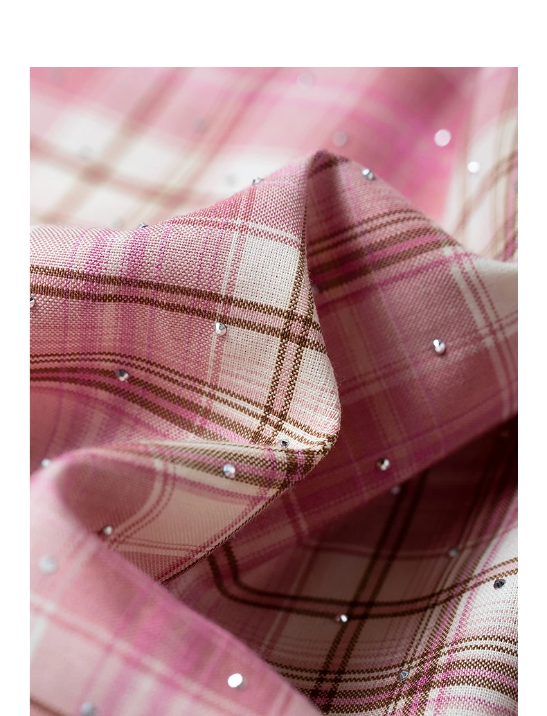 TOYOUTH Women's Pink Plaid Blouse Fall 2026 Loose Mid Length Rhinestone Lapel Collar Long Sleeve Slimming Top