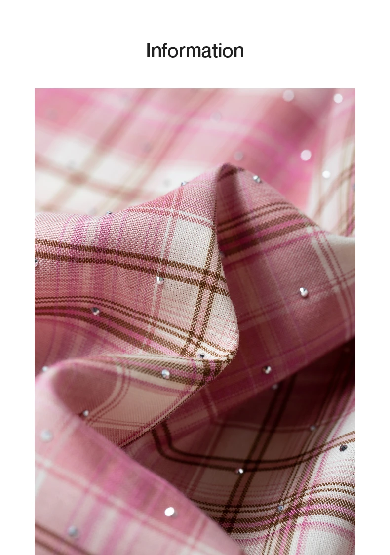 TOYOUTH Women's Pink Plaid Blouse Fall 2026 Loose Mid Length Rhinestone Lapel Collar Long Sleeve Slimming Top