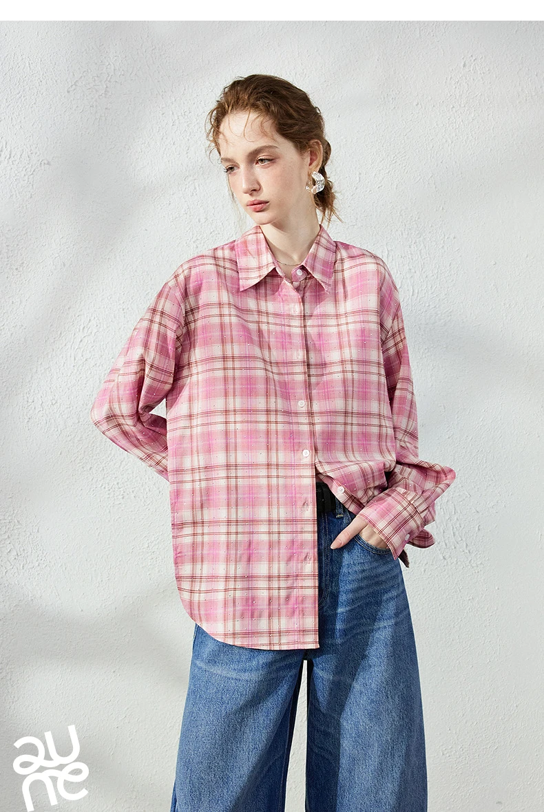 TOYOUTH Women's Pink Plaid Blouse Fall 2026 Loose Mid Length Rhinestone Lapel Collar Long Sleeve Slimming Top