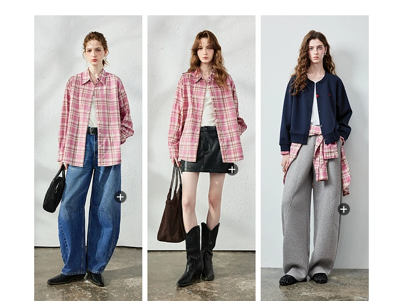 TOYOUTH Women's Pink Plaid Blouse Fall 2026 Loose Mid Length Rhinestone Lapel Collar Long Sleeve Slimming Top