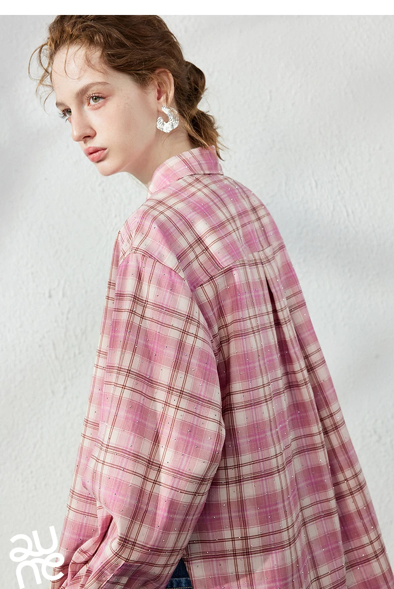 TOYOUTH Women's Pink Plaid Blouse Fall 2026 Loose Mid Length Rhinestone Lapel Collar Long Sleeve Slimming Top