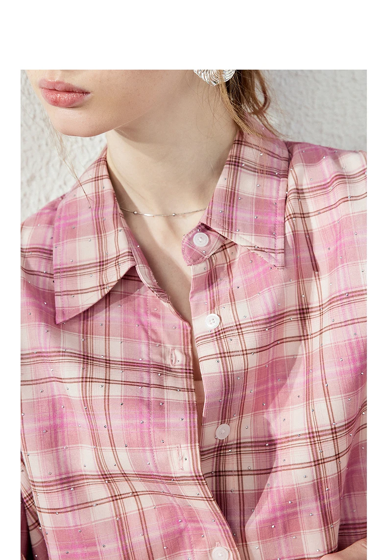 TOYOUTH Women's Pink Plaid Blouse Fall 2026 Loose Mid Length Rhinestone Lapel Collar Long Sleeve Slimming Top