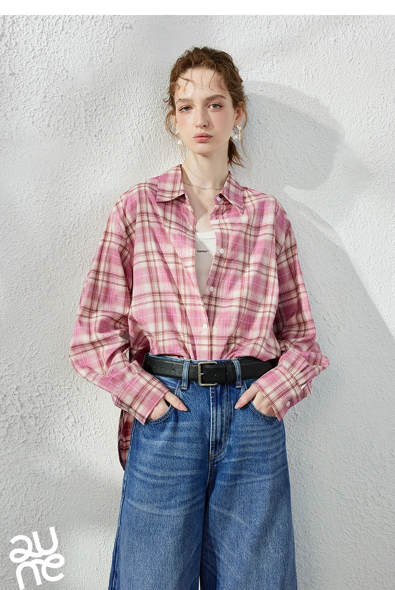 TOYOUTH Women's Pink Plaid Blouse Fall 2026 Loose Mid Length Rhinestone Lapel Collar Long Sleeve Slimming Top