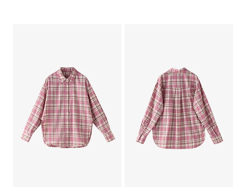 TOYOUTH Women's Pink Plaid Blouse Fall 2026 Loose Mid Length Rhinestone Lapel Collar Long Sleeve Slimming Top