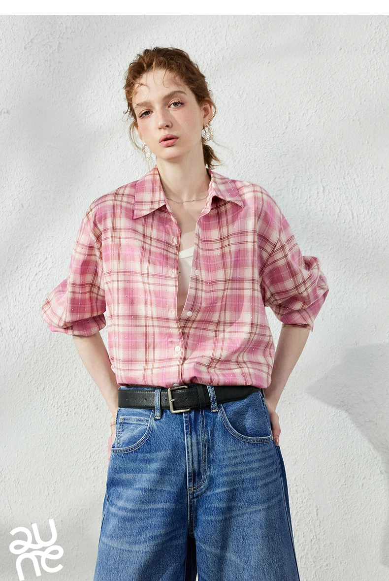 TOYOUTH Women's Pink Plaid Blouse Fall 2026 Loose Mid Length Rhinestone Lapel Collar Long Sleeve Slimming Top