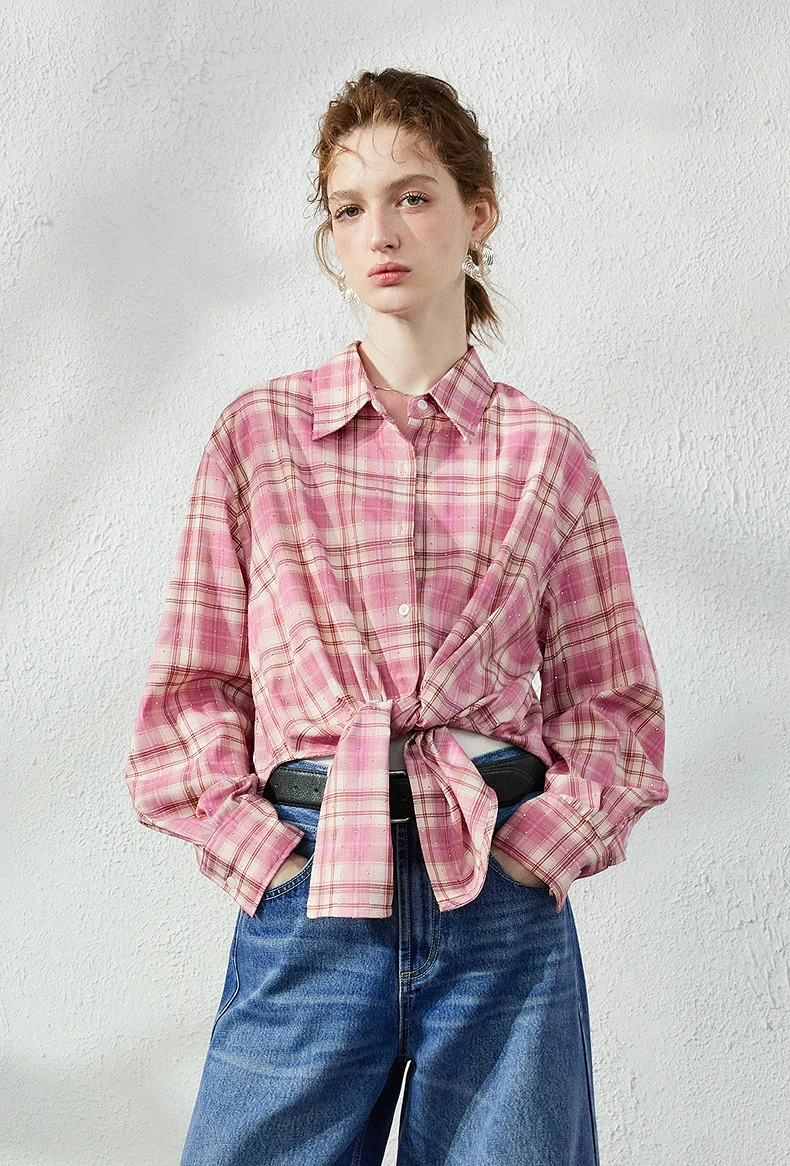 TOYOUTH Women's Pink Plaid Blouse Fall 2026 Loose Mid Length Rhinestone Lapel Collar Long Sleeve Slimming Top