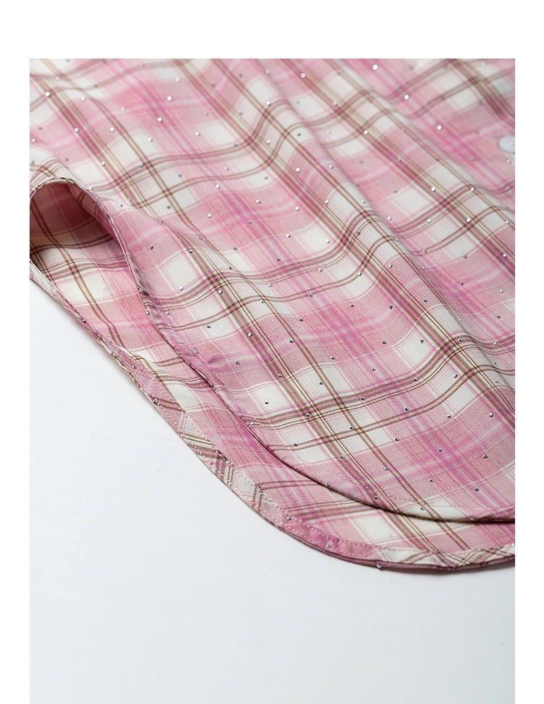 TOYOUTH Women's Pink Plaid Blouse Fall 2026 Loose Mid Length Rhinestone Lapel Collar Long Sleeve Slimming Top