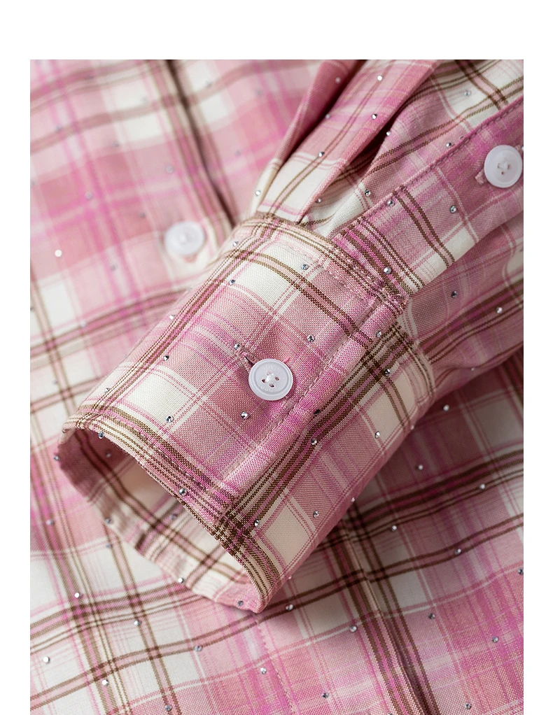 TOYOUTH Women's Pink Plaid Blouse Fall 2026 Loose Mid Length Rhinestone Lapel Collar Long Sleeve Slimming Top