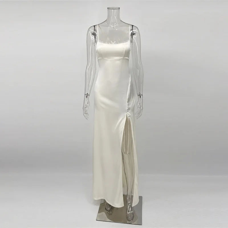 Elegant Satin Backless Slip Long Dress Women Sexy Lace Patchwork Lace-up Sleeveless Maxi Dresses Fashion Evening Party Vestidos