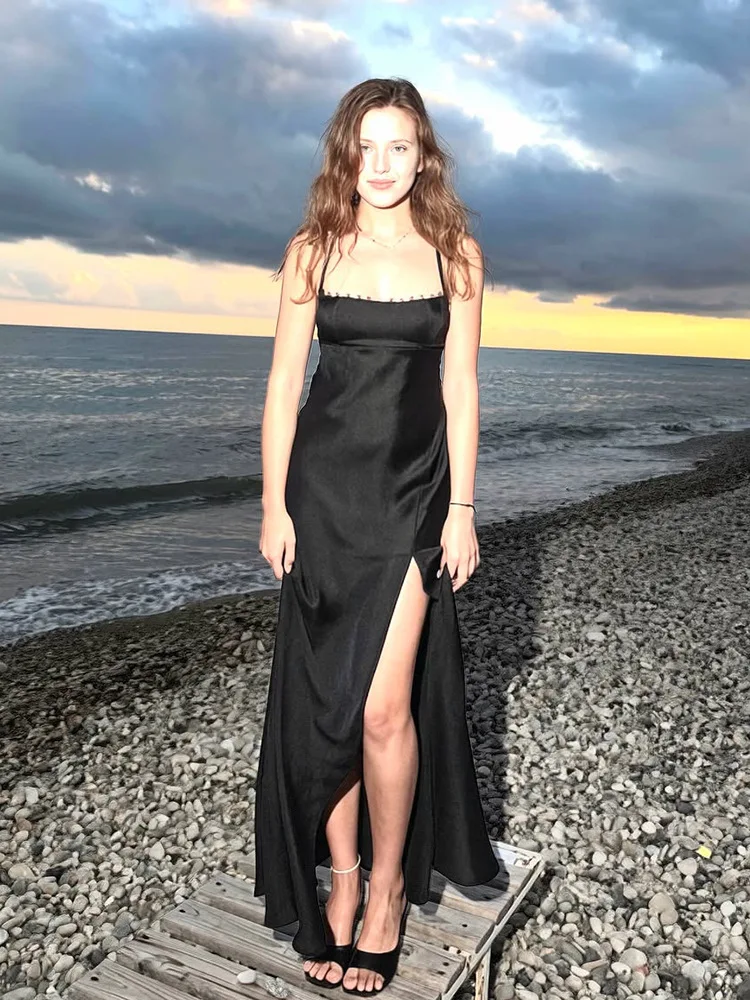 Elegant Satin Backless Slip Long Dress Women Sexy Lace Patchwork Lace-up Sleeveless Maxi Dresses Fashion Evening Party Vestidos