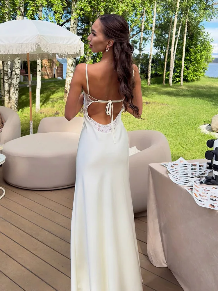 Elegant Satin Backless Slip Long Dress Women Sexy Lace Patchwork Lace-up Sleeveless Maxi Dresses Fashion Evening Party Vestidos