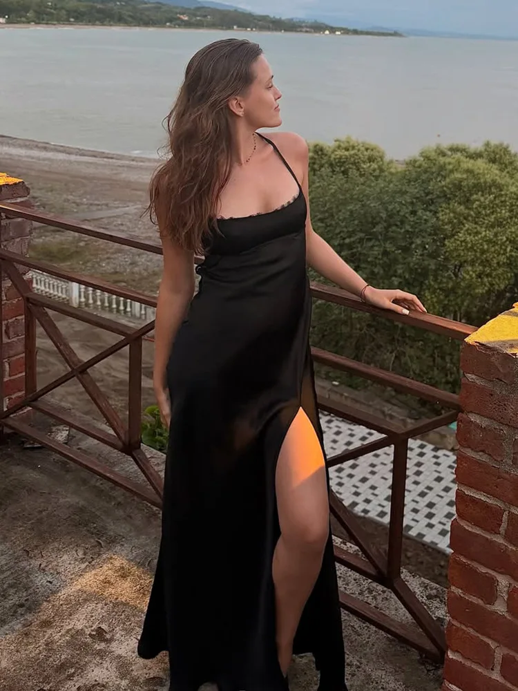 Elegant Satin Backless Slip Long Dress Women Sexy Lace Patchwork Lace-up Sleeveless Maxi Dresses Fashion Evening Party Vestidos