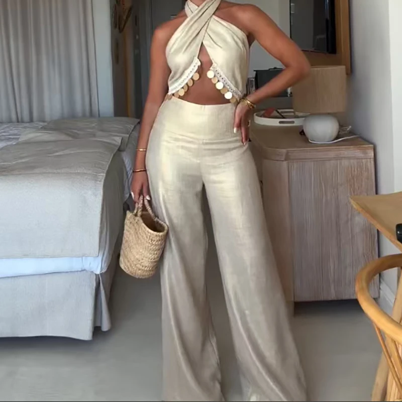 New Summer Backless 2 Piece Set Fashion Criss-cross Sequin Top & High Waist Pants Women's Suit Spring Casual Solid Hollow Outfit
