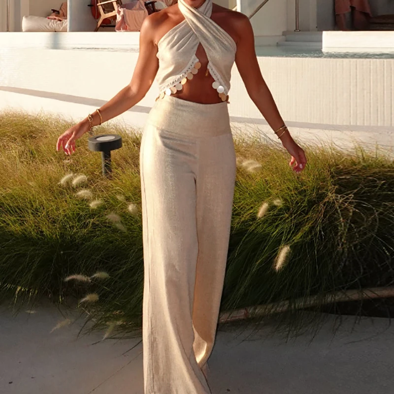 New Summer Backless 2 Piece Set Fashion Criss-cross Sequin Top & High Waist Pants Women's Suit Spring Casual Solid Hollow Outfit