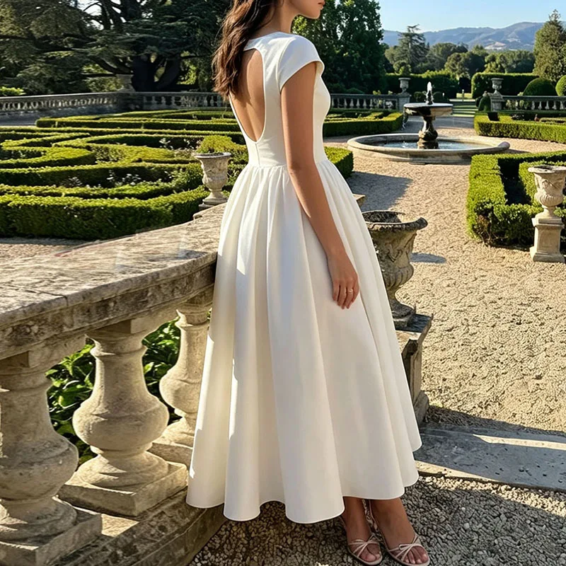 Elegant Hight Waist White Princess Dress Fashion French Style O-neck A-Line Dress Women's Sexy Backless Hollow Long Party Dress