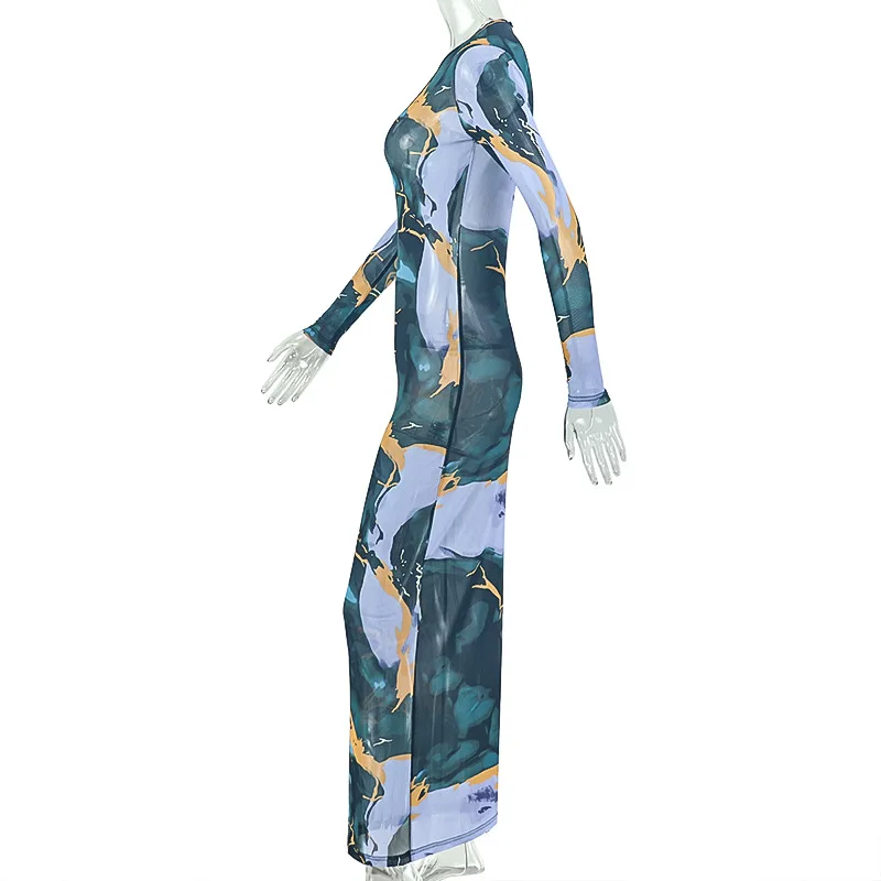 STYLISH LADY Marble Print Mesh Maxi Dress Women O Neck Keyhole Cutout Long Sleeve Bodycon See Through Evening Party Long Dress