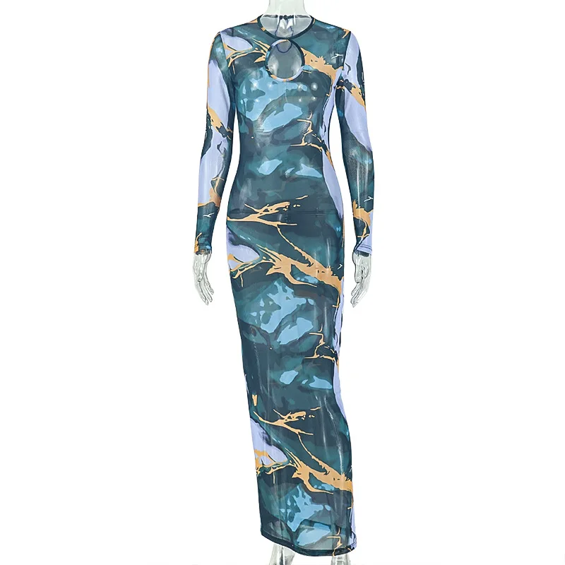 STYLISH LADY Marble Print Mesh Maxi Dress Women O Neck Keyhole Cutout Long Sleeve Bodycon See Through Evening Party Long Dress