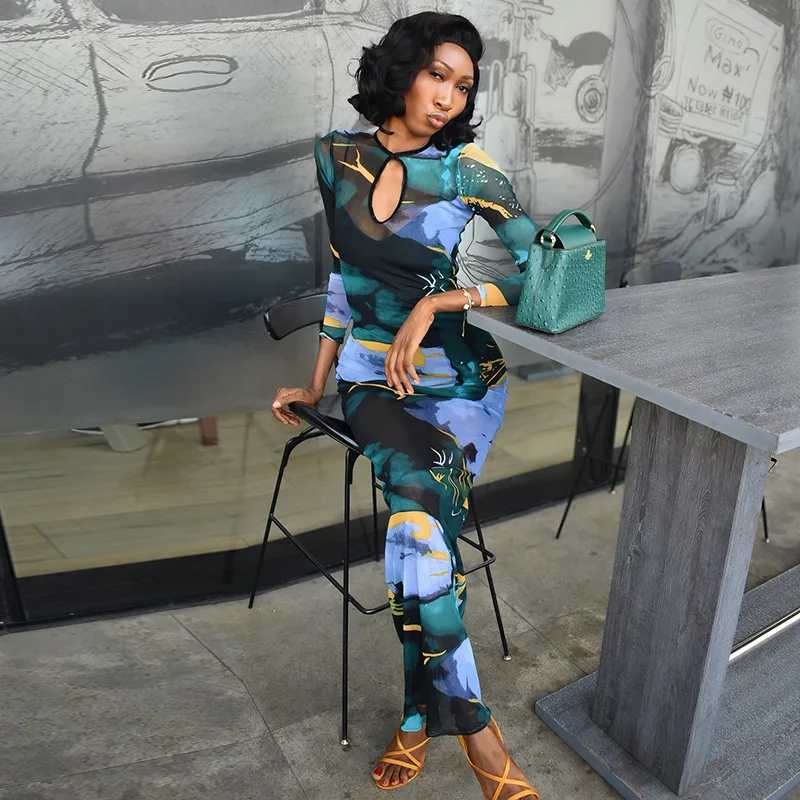 STYLISH LADY Marble Print Mesh Maxi Dress Women O Neck Keyhole Cutout Long Sleeve Bodycon See Through Evening Party Long Dress