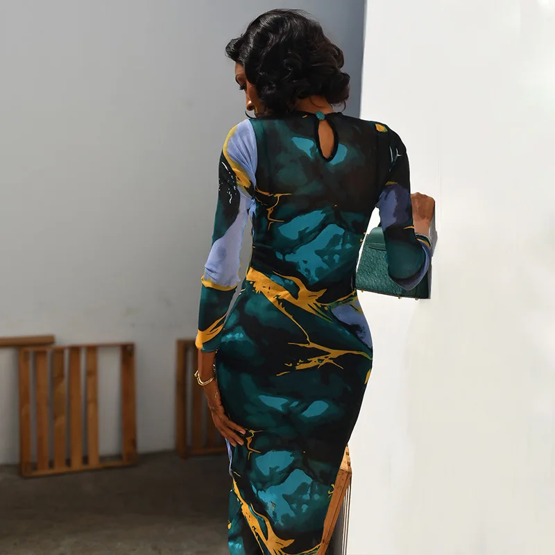 STYLISH LADY Marble Print Mesh Maxi Dress Women O Neck Keyhole Cutout Long Sleeve Bodycon See Through Evening Party Long Dress