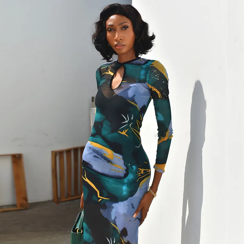 STYLISH LADY Marble Print Mesh Maxi Dress Women O Neck Keyhole Cutout Long Sleeve Bodycon See Through Evening Party Long Dress