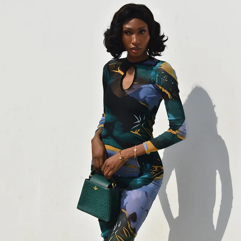 STYLISH LADY Marble Print Mesh Maxi Dress Women O Neck Keyhole Cutout Long Sleeve Bodycon See Through Evening Party Long Dress
