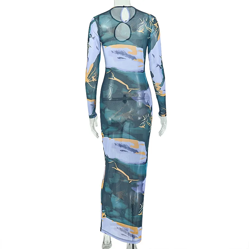 STYLISH LADY Marble Print Mesh Maxi Dress Women O Neck Keyhole Cutout Long Sleeve Bodycon See Through Evening Party Long Dress