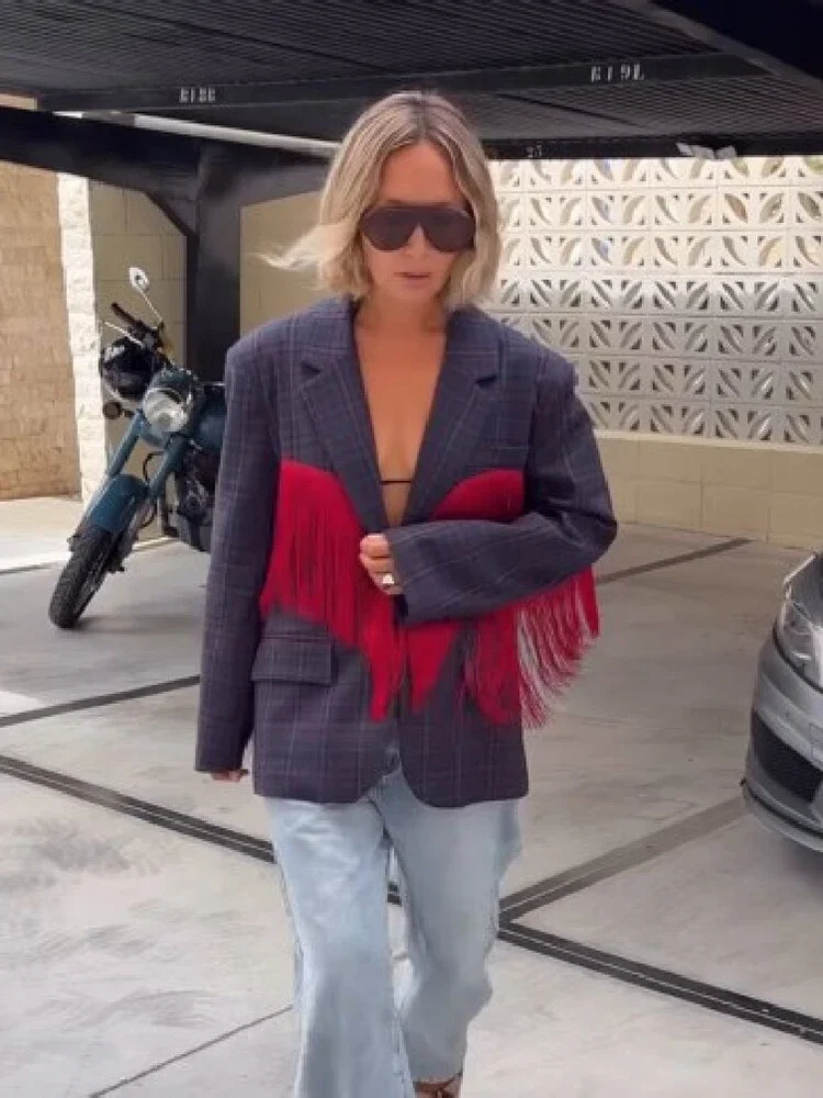 Chic Contrast Plaid Tassel Splice Coat Women Loose Lapel Collar Full Sleeve V-neck Suit Blazer Festival Street Party Outfit 2026