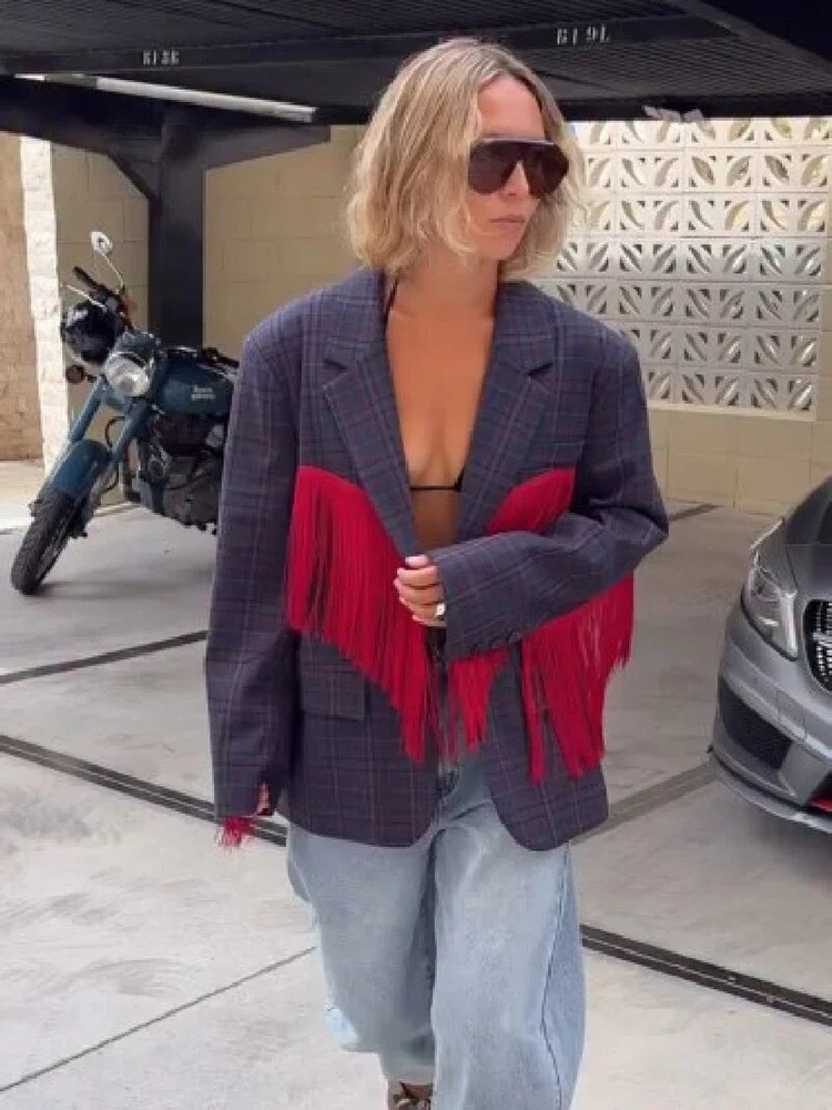 Chic Contrast Plaid Tassel Splice Coat Women Loose Lapel Collar Full Sleeve V-neck Suit Blazer Festival Street Party Outfit 2026