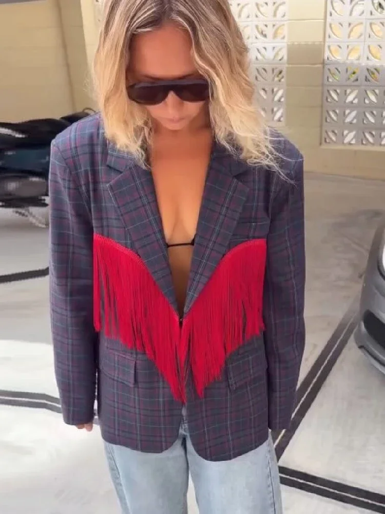 Chic Contrast Plaid Tassel Splice Coat Women Loose Lapel Collar Full Sleeve V-neck Suit Blazer Festival Street Party Outfit 2026