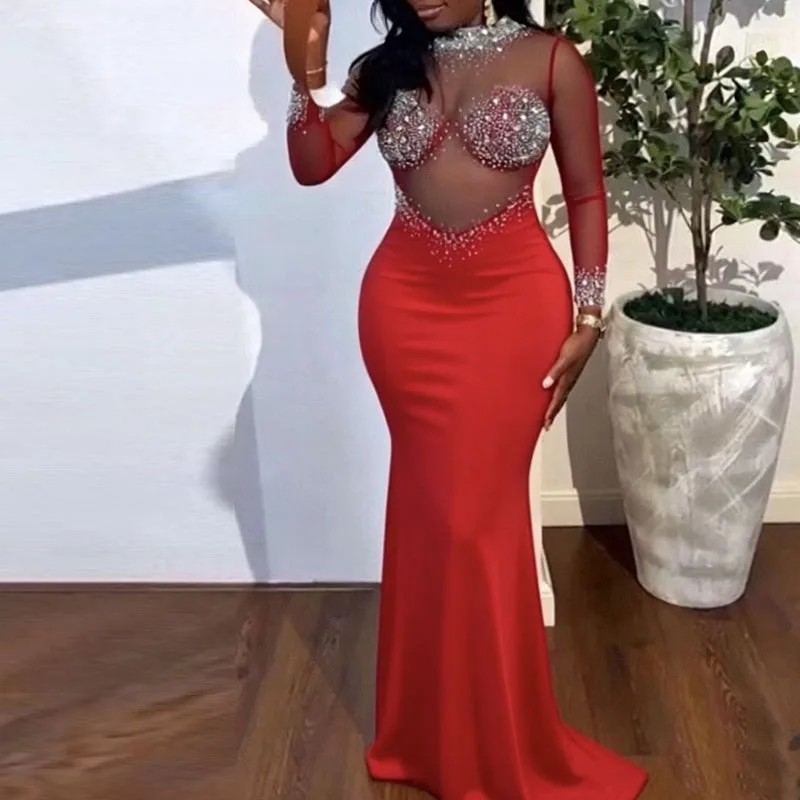 Diamond Design Slim Sexy Long Dress Women Elegant Solid Wrap Hip Dresses Fashion O Neck See Through Mesh Patchwork Banquet Dress