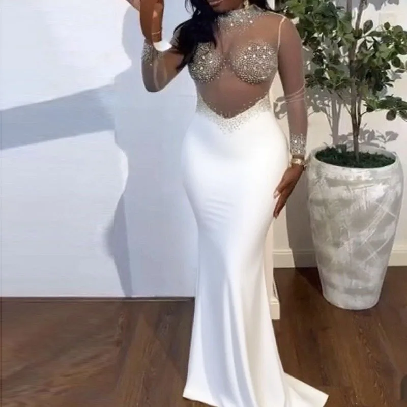 Diamond Design Slim Sexy Long Dress Women Elegant Solid Wrap Hip Dresses Fashion O Neck See Through Mesh Patchwork Banquet Dress