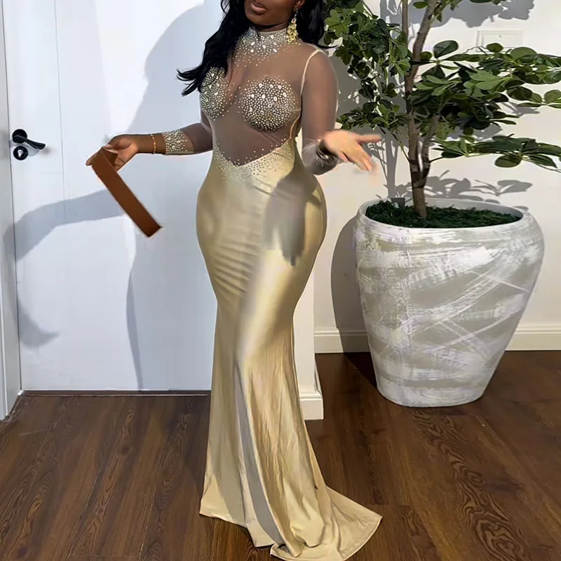 Diamond Design Slim Sexy Long Dress Women Elegant Solid Wrap Hip Dresses Fashion O Neck See Through Mesh Patchwork Banquet Dress