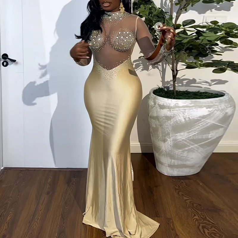 Diamond Design Slim Sexy Long Dress Women Elegant Solid Wrap Hip Dresses Fashion O Neck See Through Mesh Patchwork Banquet Dress