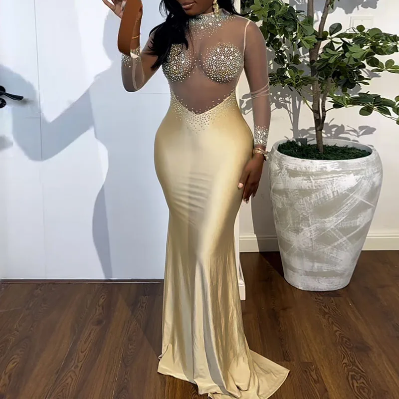 Diamond Design Slim Sexy Long Dress Women Elegant Solid Wrap Hip Dresses Fashion O Neck See Through Mesh Patchwork Banquet Dress