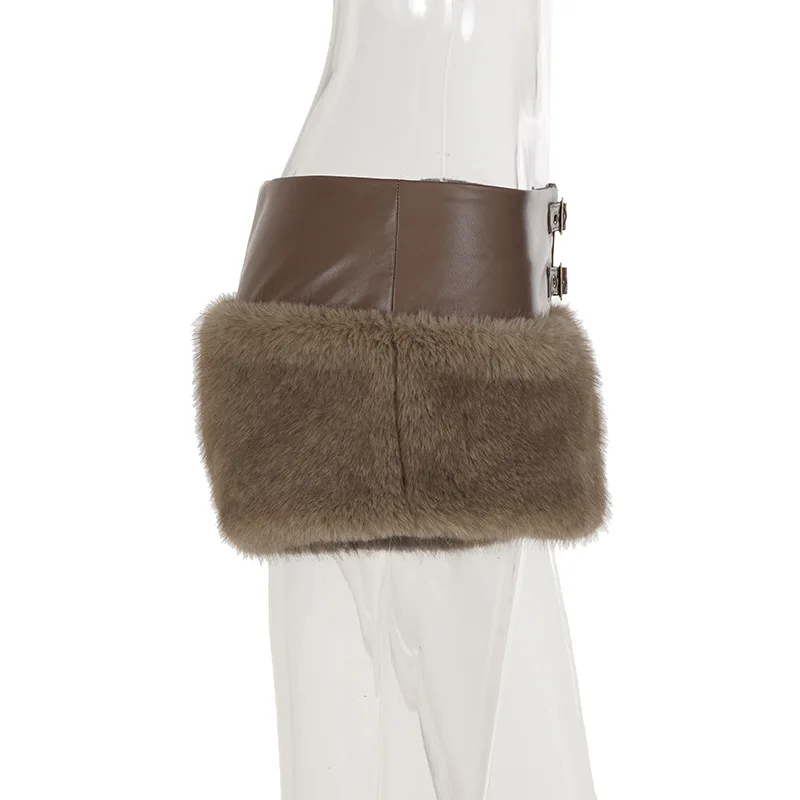 Autumn New Spice Girls Street Waist Straps Pu Leather Splicing Fluffy Shorts Metal Buckle Zipper Design Hot Pants