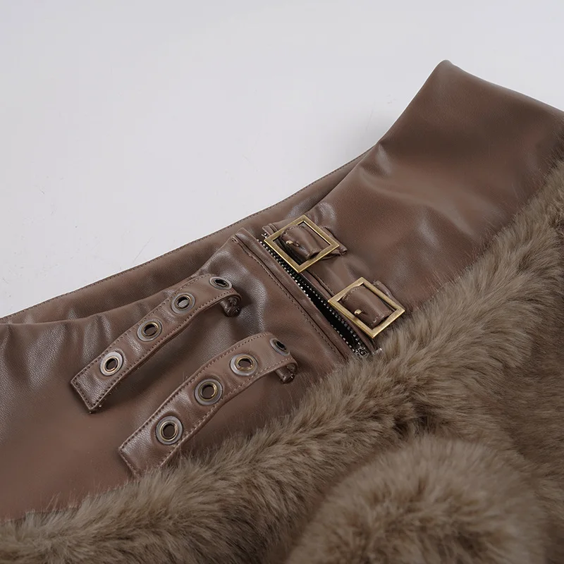 Autumn New Spice Girls Street Waist Straps Pu Leather Splicing Fluffy Shorts Metal Buckle Zipper Design Hot Pants