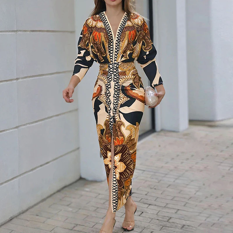 New Autumn Women's Commute Maxi Dress Vintage Pattern Printed V-neck Bodycon Dress Elegant Long Sleeve High Waist Pleated Dress