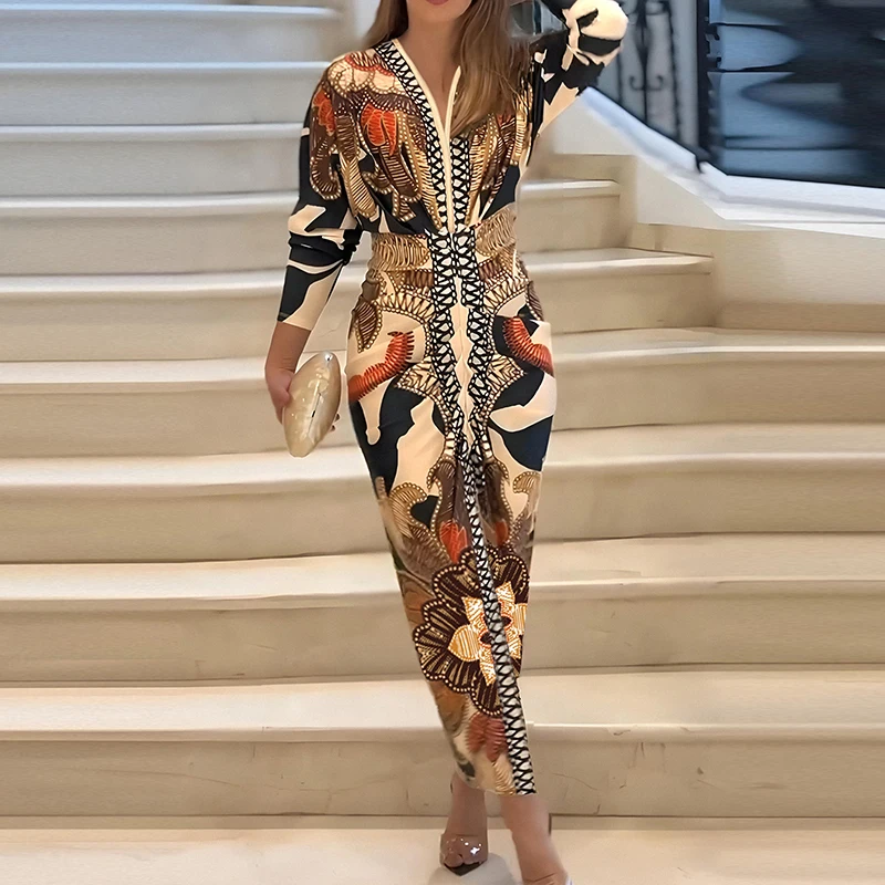 New Autumn Women's Commute Maxi Dress Vintage Pattern Printed V-neck Bodycon Dress Elegant Long Sleeve High Waist Pleated Dress