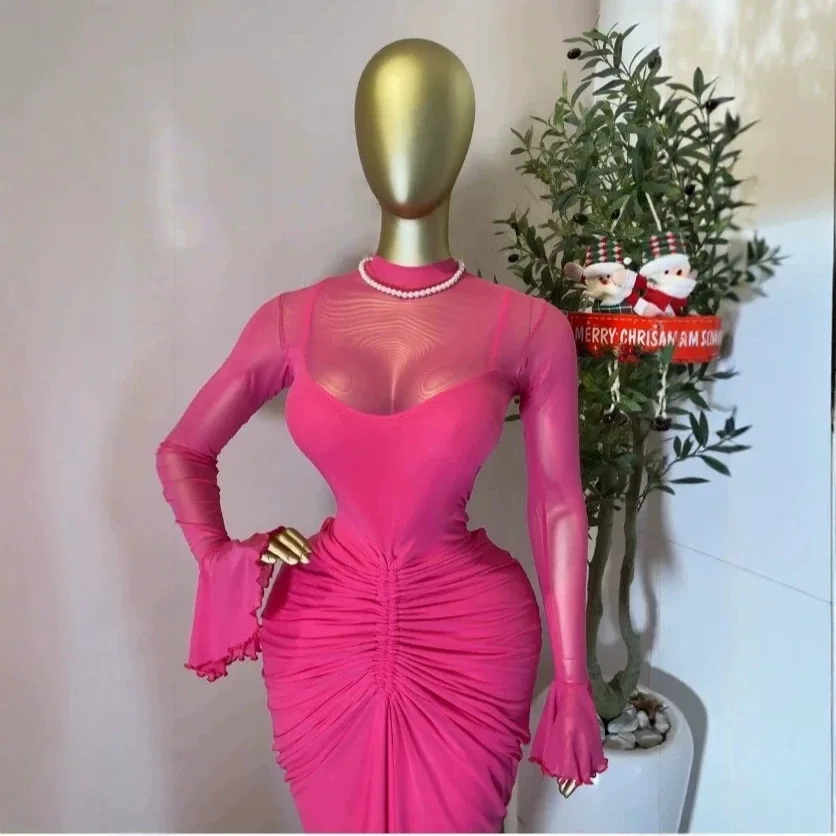 Chic 2026 INS Mesh Pleated Long Dress Women Slim Fits High Waist Bodycon Vestidos Elegant Dress Splicing Long-sleeved Dress Y2K