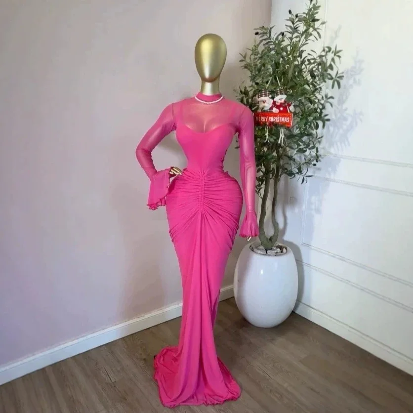 Chic 2026 INS Mesh Pleated Long Dress Women Slim Fits High Waist Bodycon Vestidos Elegant Dress Splicing Long-sleeved Dress Y2K