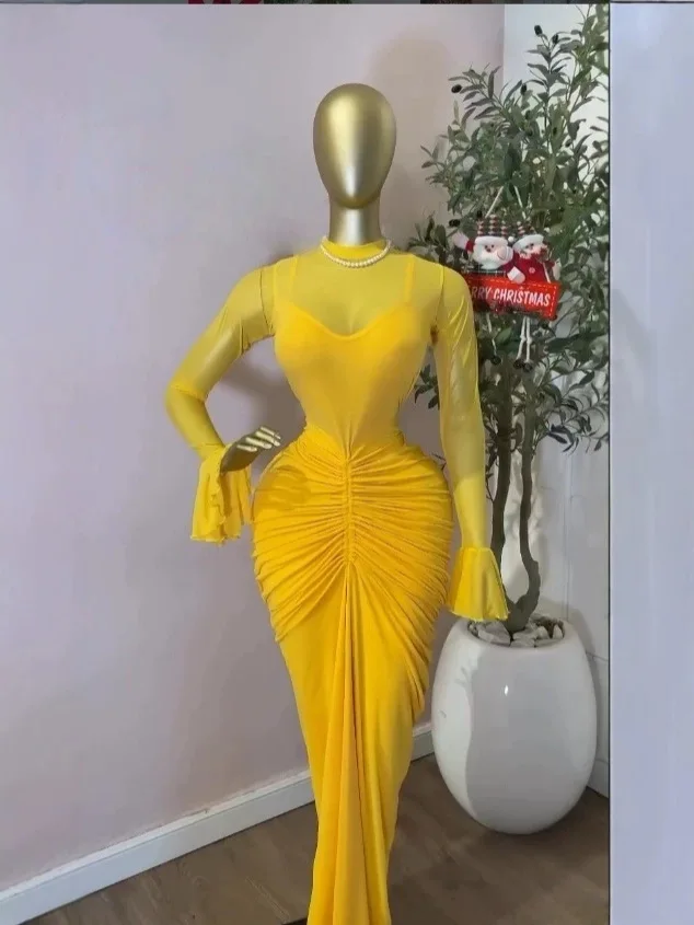 Chic 2026 INS Mesh Pleated Long Dress Women Slim Fits High Waist Bodycon Vestidos Elegant Dress Splicing Long-sleeved Dress Y2K