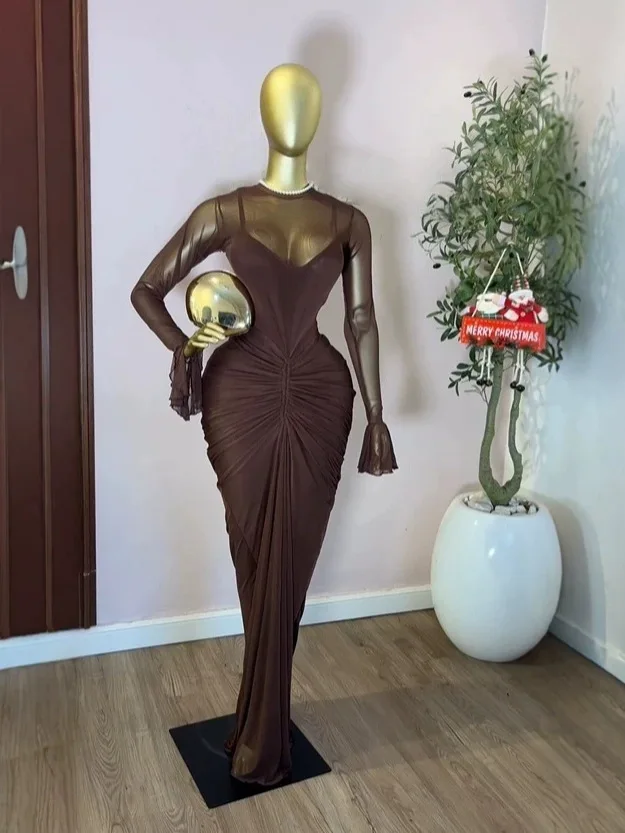 Chic 2026 INS Mesh Pleated Long Dress Women Slim Fits High Waist Bodycon Vestidos Elegant Dress Splicing Long-sleeved Dress Y2K