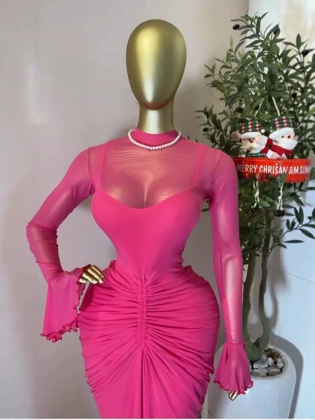 Chic 2026 INS Mesh Pleated Long Dress Women Slim Fits High Waist Bodycon Vestidos Elegant Dress Splicing Long-sleeved Dress Y2K