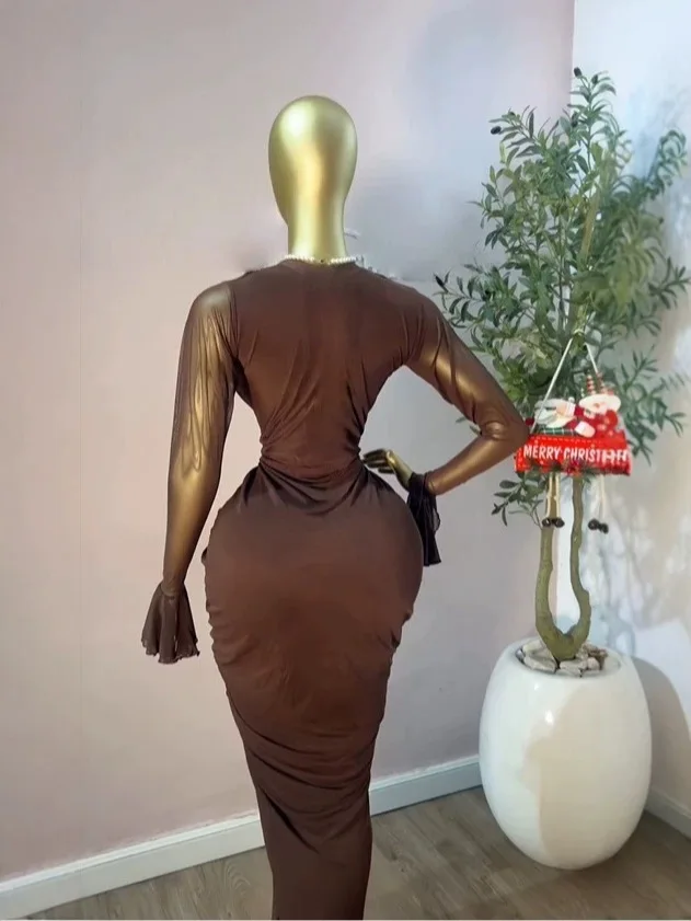 Chic 2026 INS Mesh Pleated Long Dress Women Slim Fits High Waist Bodycon Vestidos Elegant Dress Splicing Long-sleeved Dress Y2K