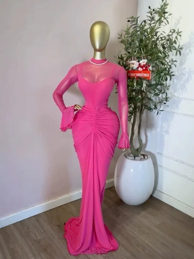 Chic 2026 INS Mesh Pleated Long Dress Women Slim Fits High Waist Bodycon Vestidos Elegant Dress Splicing Long-sleeved Dress Y2K